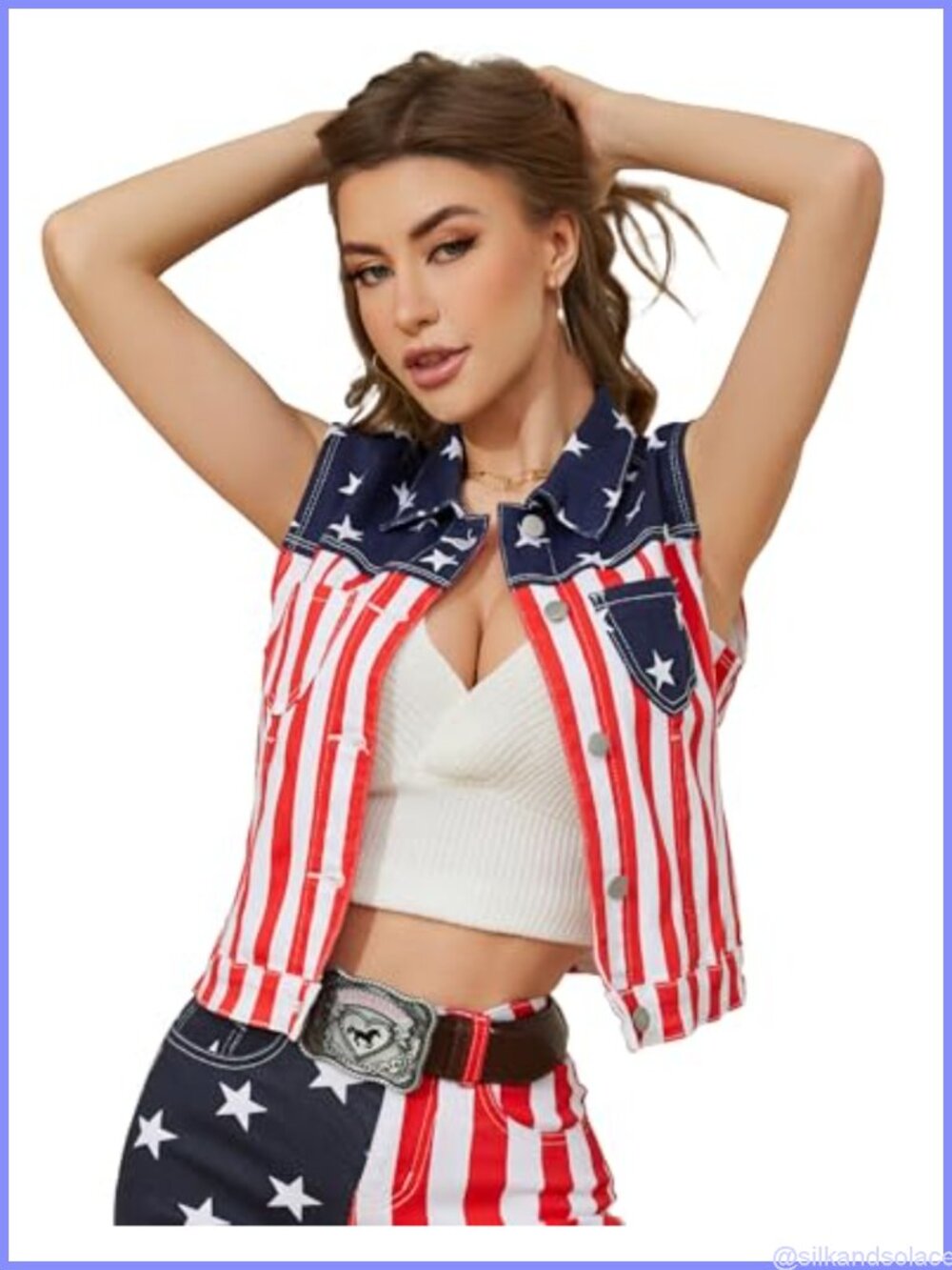 Women's Vintage Denim Vest Sleeveless Jean Jacket with Flag Print